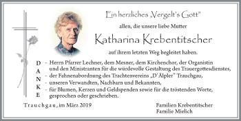 Traueranzeige von Katharina Krebentitscher von Allgäuer Zeitung, Füssen