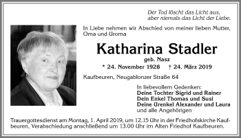 Traueranzeige von Katharina Stadler von Allgäuer Zeitung, Kaufbeuren/Buchloe