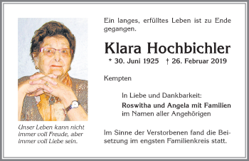 Traueranzeige von Klara Hochbichler von Allgäuer Zeitung,Kempten