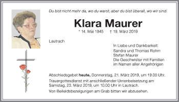 Traueranzeige von Klara Maurer von Memminger Zeitung