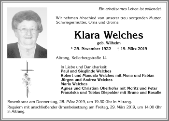 Traueranzeige von Klara Welches von Allgäuer Zeitung, Marktoberdorf