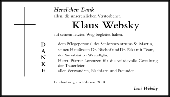 Traueranzeige von Klaus Websky von Der Westallgäuer
