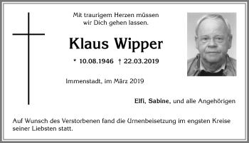 Traueranzeige von Klaus Wipper von Allgäuer Anzeigeblatt
