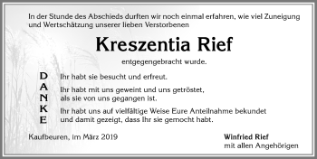 Traueranzeige von Kreszentia Rief von Allgäuer Zeitung, Kaufbeuren/Buchloe
