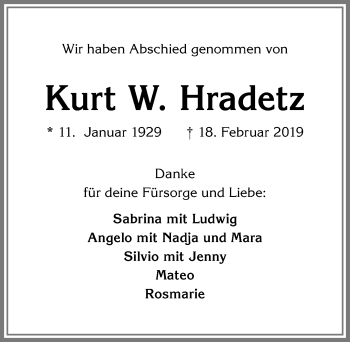 Traueranzeige von Kurt W. Hradetz von Allgäuer Zeitung,Kempten