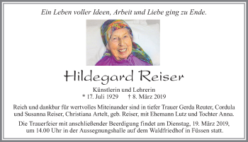Traueranzeige von Künstlerin und Lehrerin von Allgäuer Zeitung, Füssen
