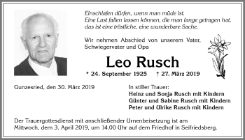 Traueranzeige von Leo Rusch von Allgäuer Anzeigeblatt