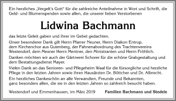 Traueranzeige von Lidwina Bachmann von Allgäuer Zeitung, Kaufbeuren/Buchloe
