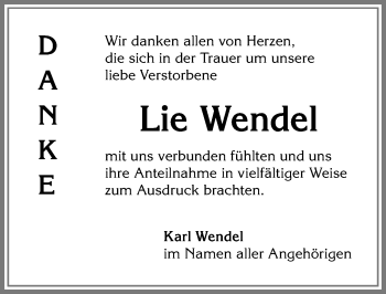 Traueranzeige von Lie Wendel von Allgäuer Zeitung,Kempten