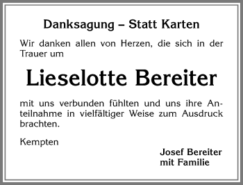 Traueranzeige von Lieselotte Bereiter von Allgäuer Zeitung,Kempten