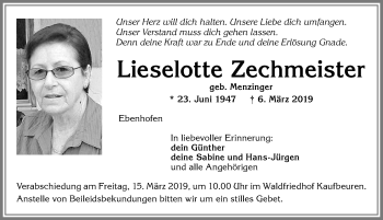 Traueranzeige von Lieselotte Zechmeister von Allgäuer Zeitung, Marktoberdorf
