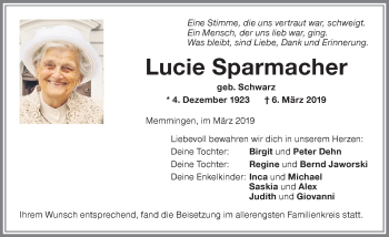 Traueranzeige von Lucie Sparmacher von Memminger Zeitung