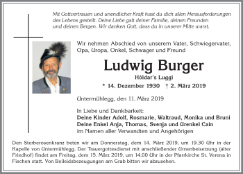 Traueranzeige von Ludwig Burger von Allgäuer Anzeigeblatt