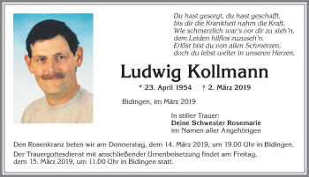 Traueranzeige von Ludwig Kollmann von Allgäuer Zeitung, Marktoberdorf
