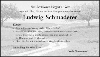 Traueranzeige von Ludwig Schmaderer von Der Westallgäuer