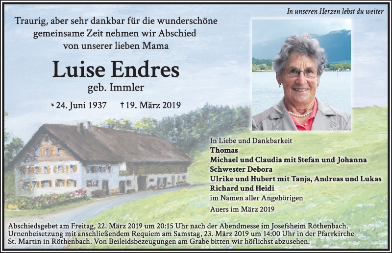  Traueranzeige für Luise Endres vom 22.03.2019 aus Der Westallgäuer
