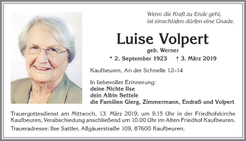 Traueranzeige von Luise Volpert von Allgäuer Zeitung, Kaufbeuren/Buchloe