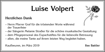 Traueranzeige von Luise Volpert von Allgäuer Zeitung, Kaufbeuren/Buchloe