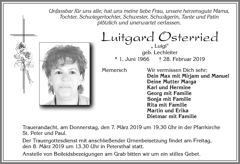  Traueranzeige für Luitgard Osterried vom 06.03.2019 aus Allgäuer Zeitung,Kempten