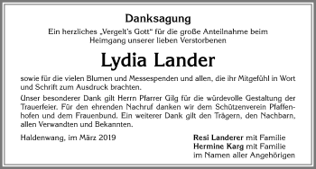 Traueranzeige von Lydia Lander von Allgäuer Zeitung,Kempten