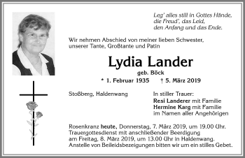 Traueranzeige von Lydia Lander von Allgäuer Zeitung,Kempten