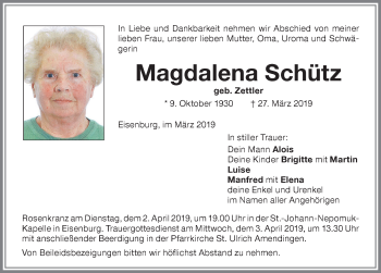 Traueranzeige von Magdalena Schütz von Memminger Zeitung