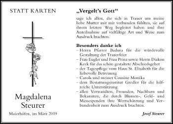 Traueranzeige von Magdalena Steurer von Der Westallgäuer