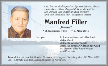 Traueranzeige von Manfred Filler von Allgäuer Zeitung,Kempten