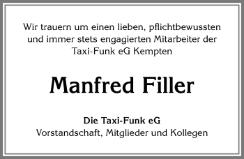 Traueranzeige von Manfred Filler von Allgäuer Zeitung,Kempten