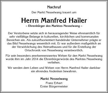 Traueranzeige von Manfred Hailer von Allgäuer Zeitung, Füssen