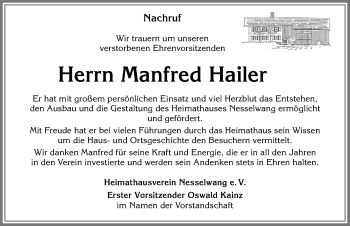 Traueranzeige von Manfred Hailer von Allgäuer Zeitung, Füssen