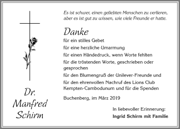 Traueranzeige von Manfred Schirm von Allgäuer Zeitung,Kempten