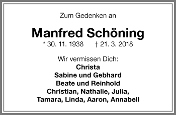 Traueranzeige von Manfred Schöning von Memminger Zeitung