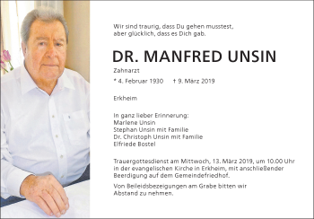 Traueranzeige von Manfred Unsin von Memminger Zeitung