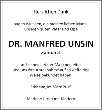 Traueranzeige von Manfred Unsin von Memminger Zeitung