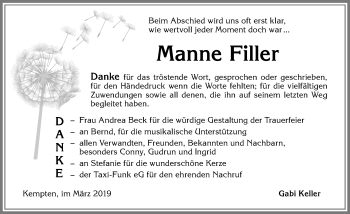 Traueranzeige von Manne Filler von Allgäuer Zeitung,Kempten