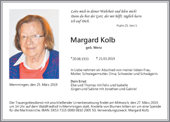 Traueranzeige von Margard Kolb von Memminger Zeitung