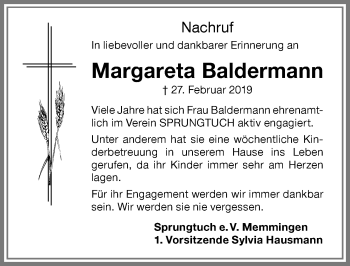 Traueranzeige von Margareta Baldermann von Memminger Zeitung