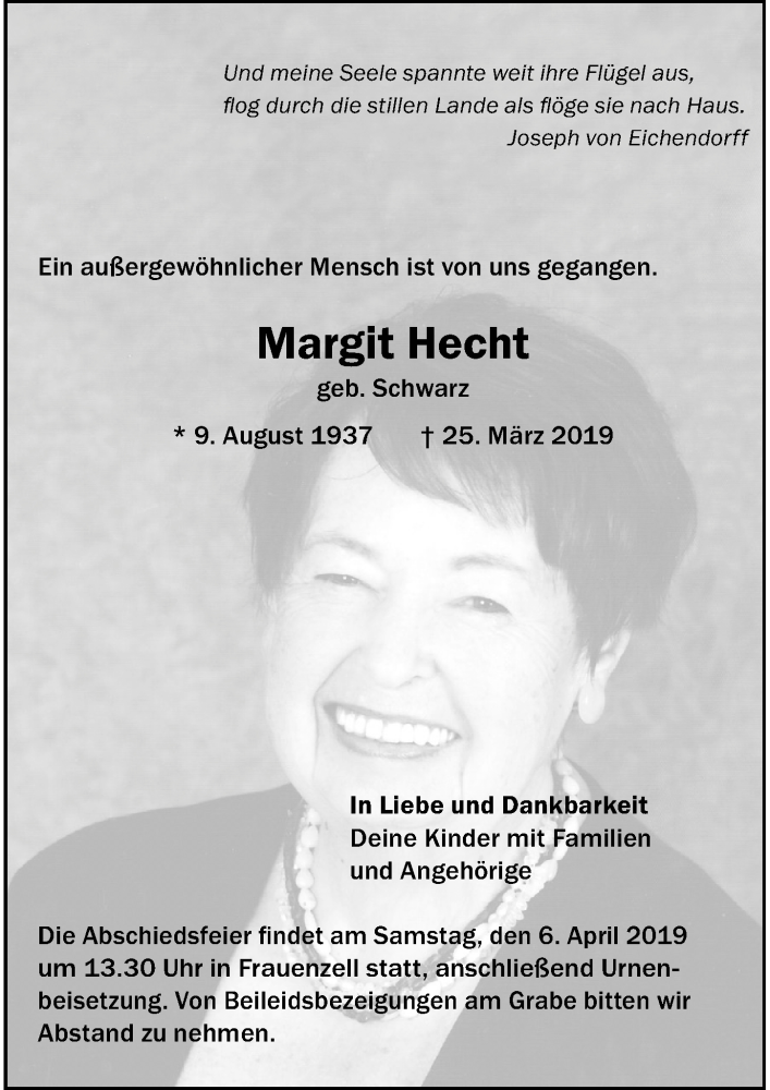  Traueranzeige für Margit Hecht vom 30.03.2019 aus Allgäuer Zeitung,Kempten