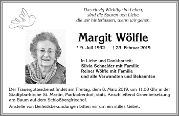 Traueranzeige von Margit Wölfle von Allgäuer Zeitung, Marktoberdorf