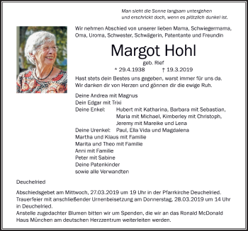 Traueranzeige von Margot Hohl von Der Westallgäuer