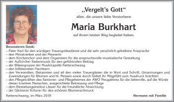 Traueranzeige von Maria Burkhart von Allgäuer Zeitung, Kaufbeuren/Buchloe