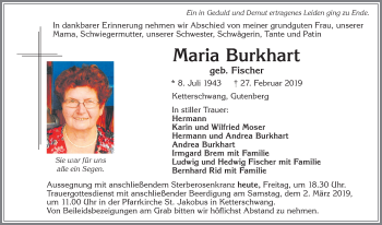 Traueranzeige von Maria Burkhart von Allgäuer Zeitung, Kaufbeuren/Buchloe