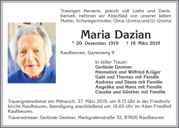 Traueranzeige von Maria Dazian von Allgäuer Zeitung, Kaufbeuren/Buchloe