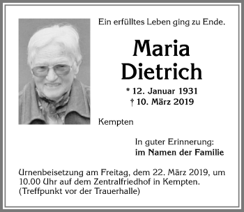 Traueranzeige von Maria Dietrich von Allgäuer Zeitung,Kempten
