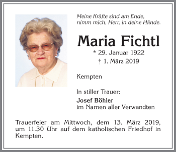 Traueranzeige von Maria Fichtl von Allgäuer Zeitung,Kempten