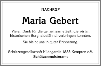 Traueranzeige von Maria Gebert von Allgäuer Zeitung,Kempten