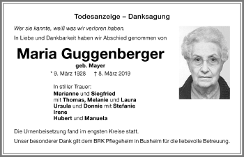 Traueranzeige von Maria Guggenberger von Memminger Zeitung