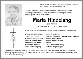 Traueranzeige von Maria Hindelang von Allgäuer Zeitung, Marktoberdorf