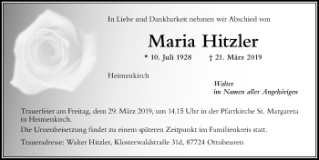 Traueranzeige von Maria Hitzler von Der Westallgäuer